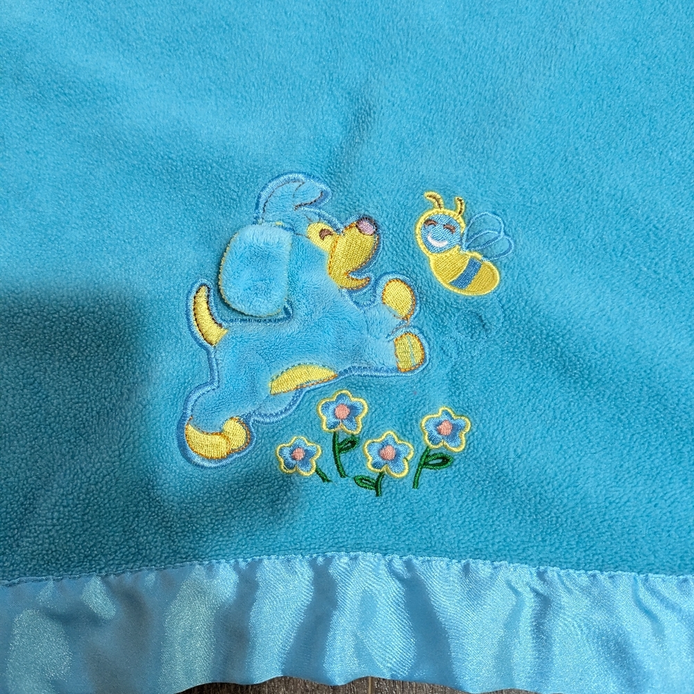 Blue Baby Plush With Satin Blanket with Embroidered flowes And Dog Design. EUC.